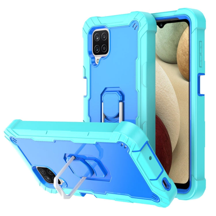 Shockproof phone case with rotating holder, cyan-blue back and teal frame