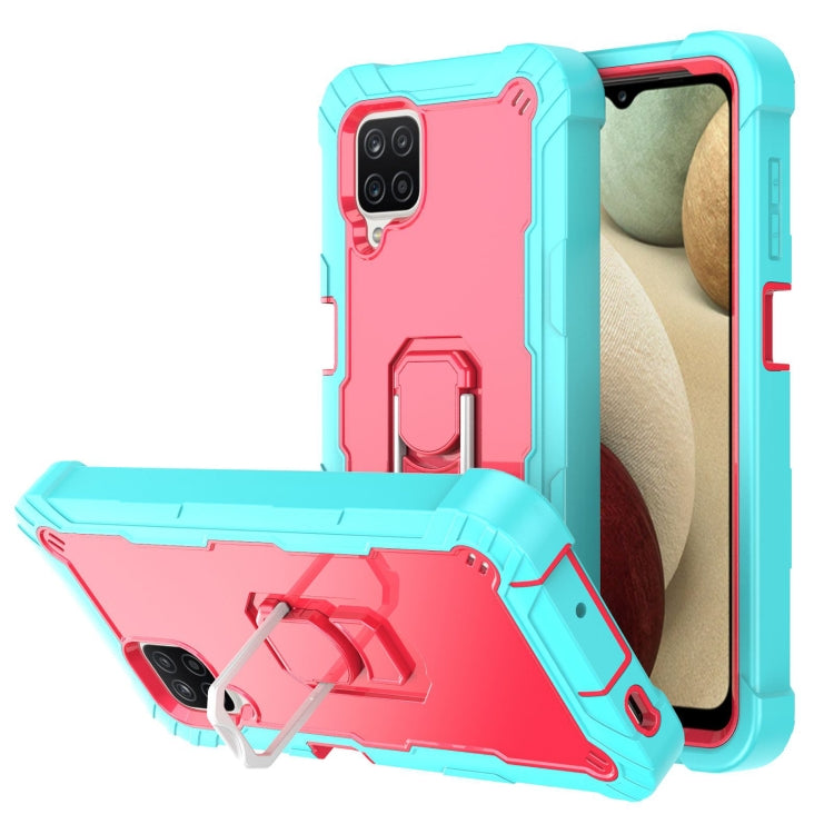Shockproof phone case with rotating holder, pink back and teal frame