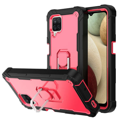 Shockproof phone case with rotating holder, pink back with black and red accents