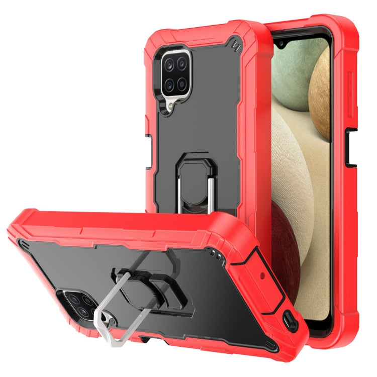 Shockproof phone case with rotating holder, dark gray back with red and black accents