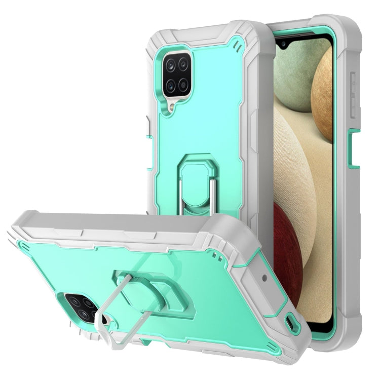 Shockproof phone case with rotating holder, mint blue back with white and teal accents