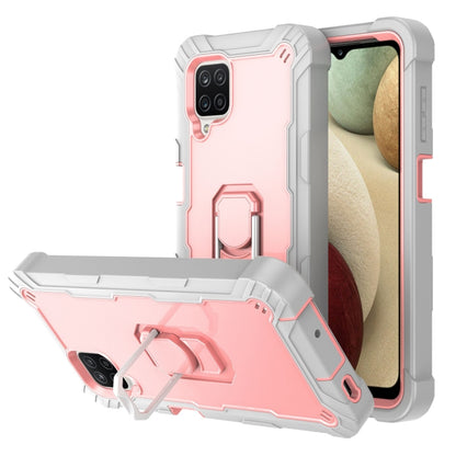 Shockproof phone case with rotating holder, light pink back with gray and red accents