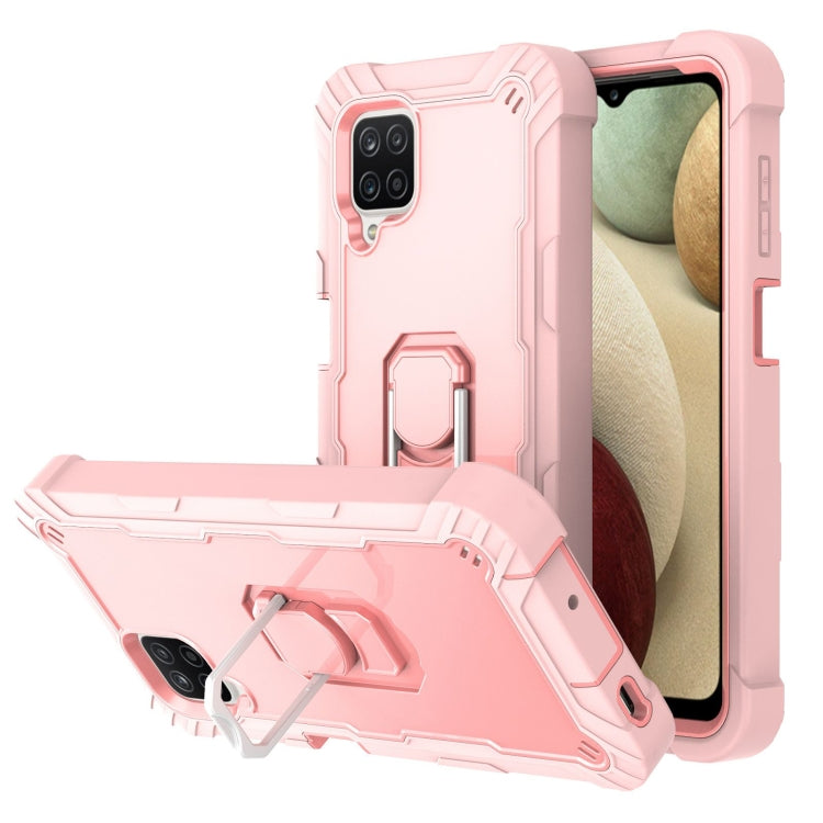 Shockproof phone case with rotating holder, pale pink back with light gray and pink accents
