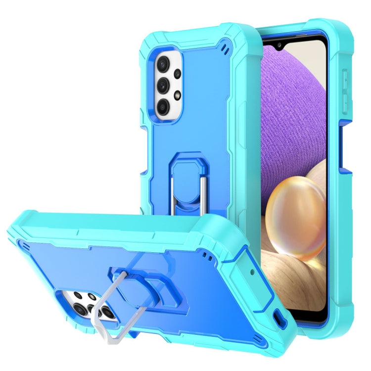 Shockproof phone case with rotating holder, teal back with blue and cyan accents