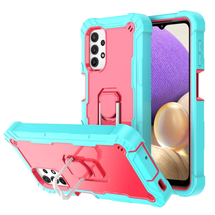 Shockproof phone case with rotating holder, pink back with teal sides and red accents