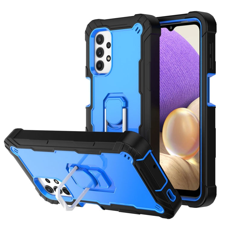 Shockproof phone case with rotating holder, blue back with black and blue accents