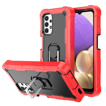 Shockproof phone case with rotating stand, red back with black accents and bumper
