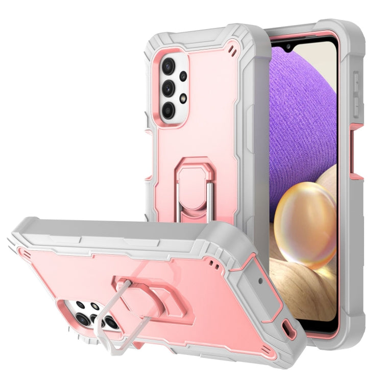 Shockproof phone case with rotating stand, light pink back with white rugged bumper