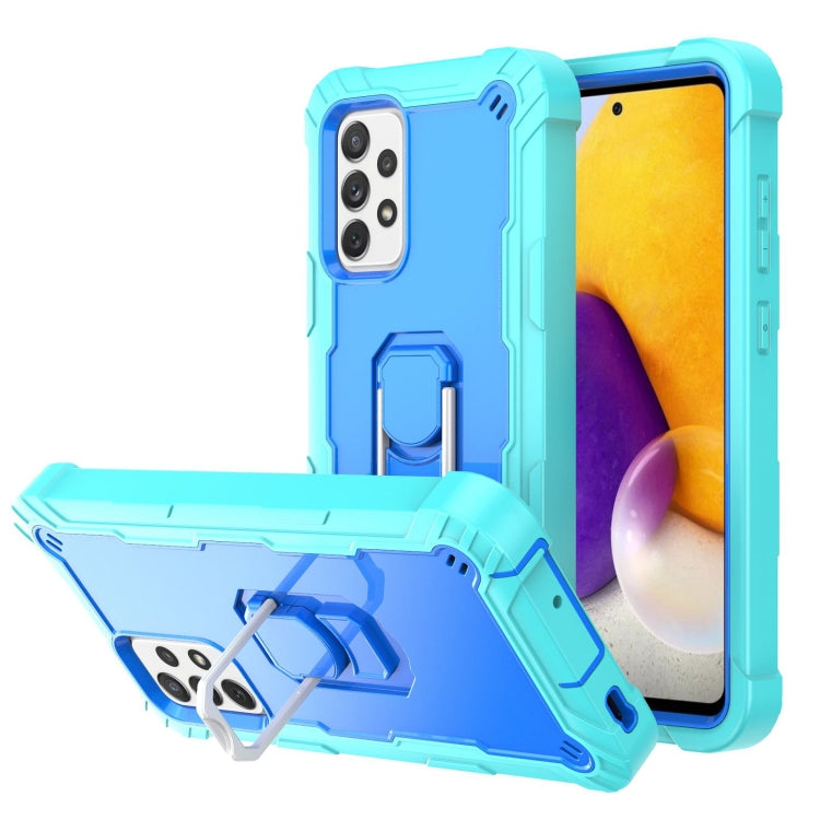 Shockproof phone case with rotating stand, bright teal back with rugged bumper