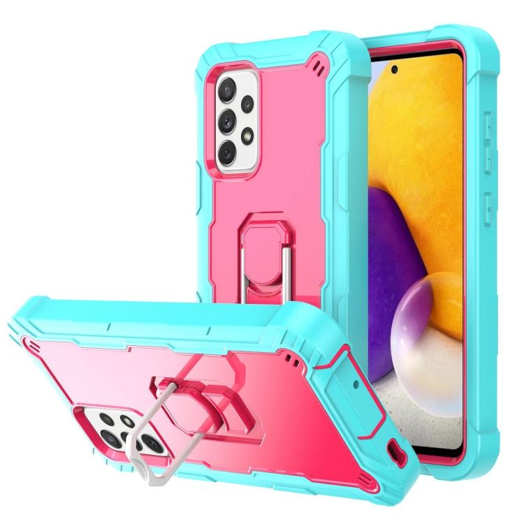 Shockproof phone case with rotating stand, pink back with teal rugged bumper