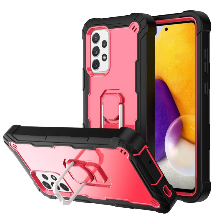 Shockproof phone case with rotating kickstand, pink/red and black with rugged corners