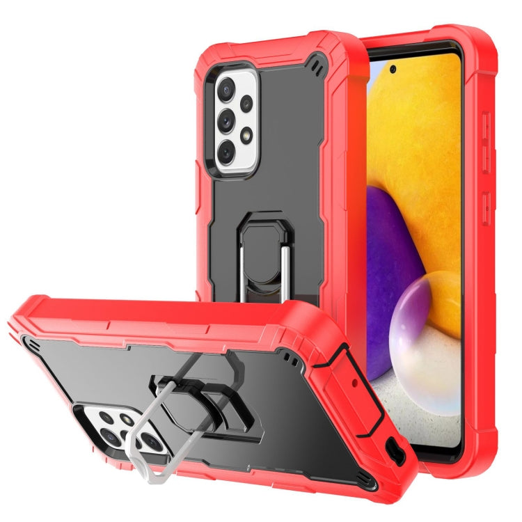 Shockproof phone case with rotating kickstand, red and black rugged armor design