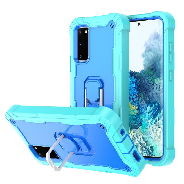Shockproof phone case with rotating kickstand, aqua blue and light blue rugged armor