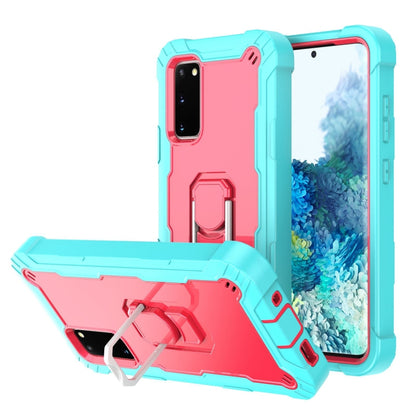 Shockproof phone case with rotating kickstand, aqua and coral pink rugged armor