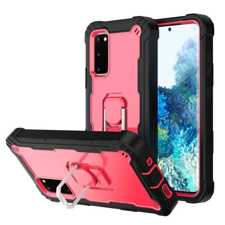 Shockproof phone case with rotating kickstand holder, pink and black with red accents