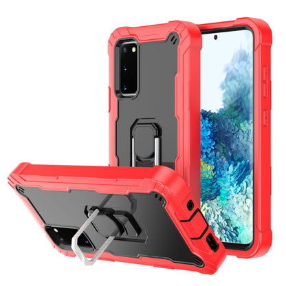 Shockproof phone case with rotating kickstand holder, red and black with gray accents