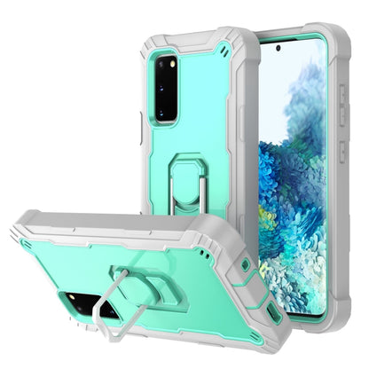 Shockproof phone case with rotating kickstand holder, mint green and white with teal accents