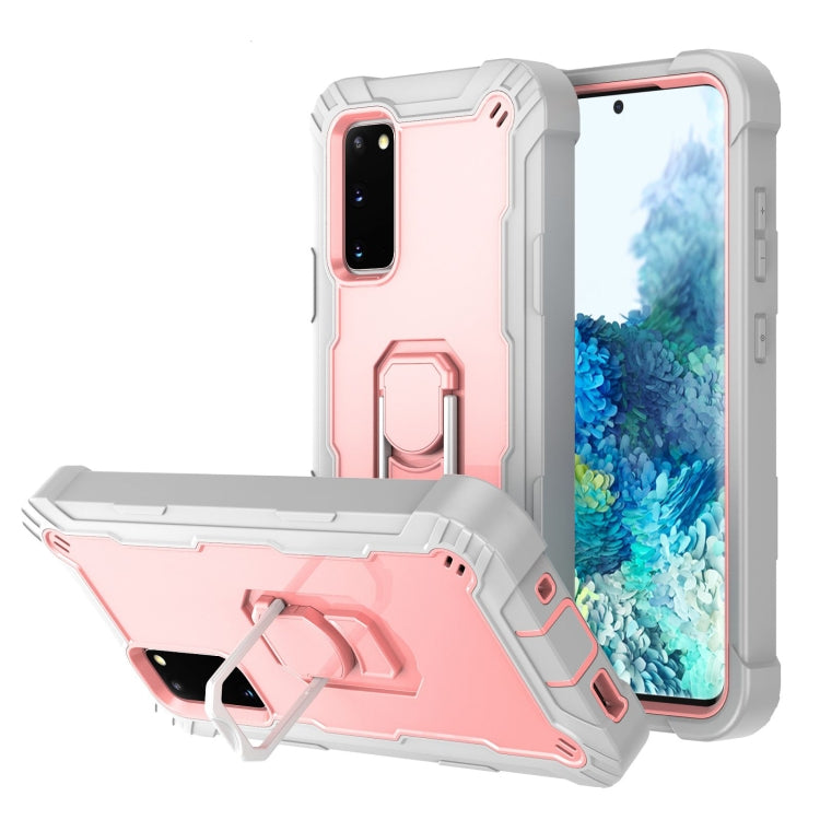 Shockproof phone case with rotating kickstand holder, pink and white with gray accents