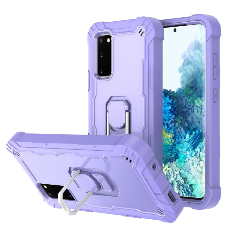 Shockproof phone case with rotating kickstand holder, purple and light gray with lavender accents