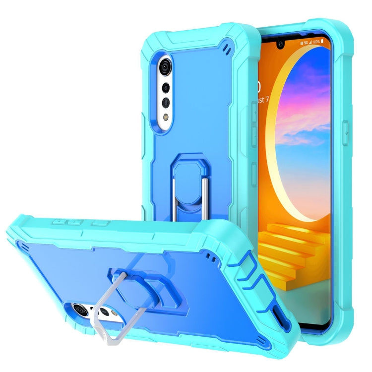 Shockproof phone case with rotating kickstand holder, light blue and cyan with blue bumper
