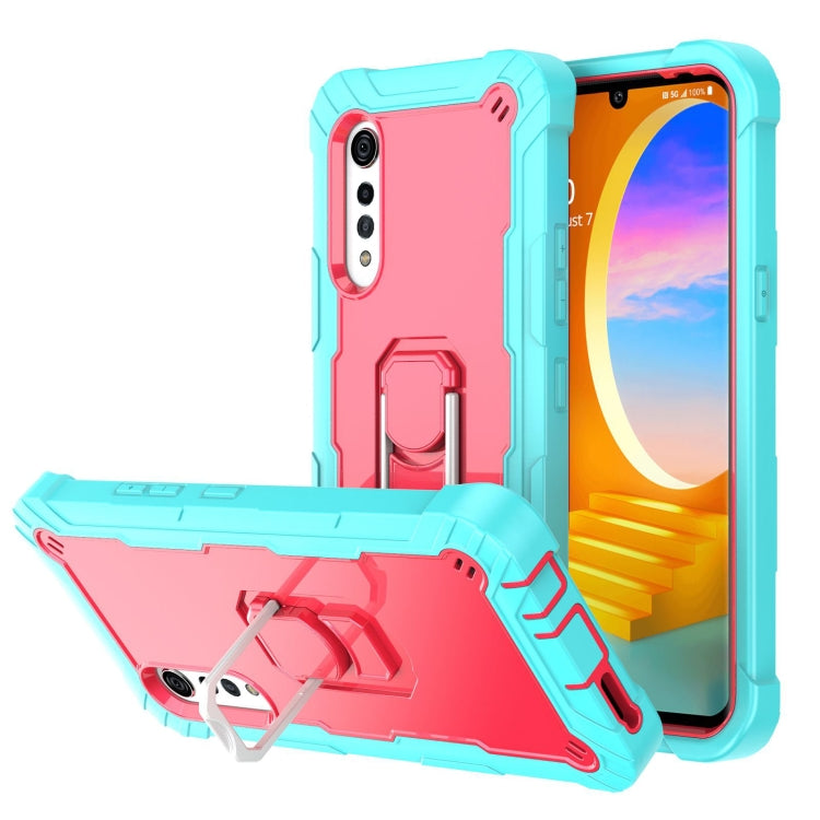 Shockproof phone case with rotating kickstand holder, turquoise and pink with red kickstand