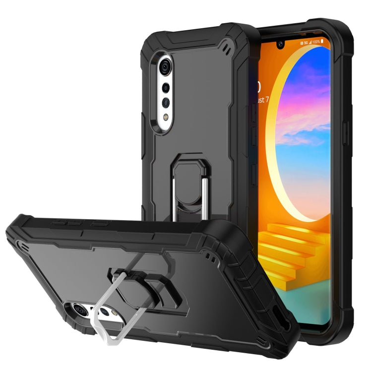 Shockproof phone case with rotating kickstand holder, dark gray and black with raised bumper