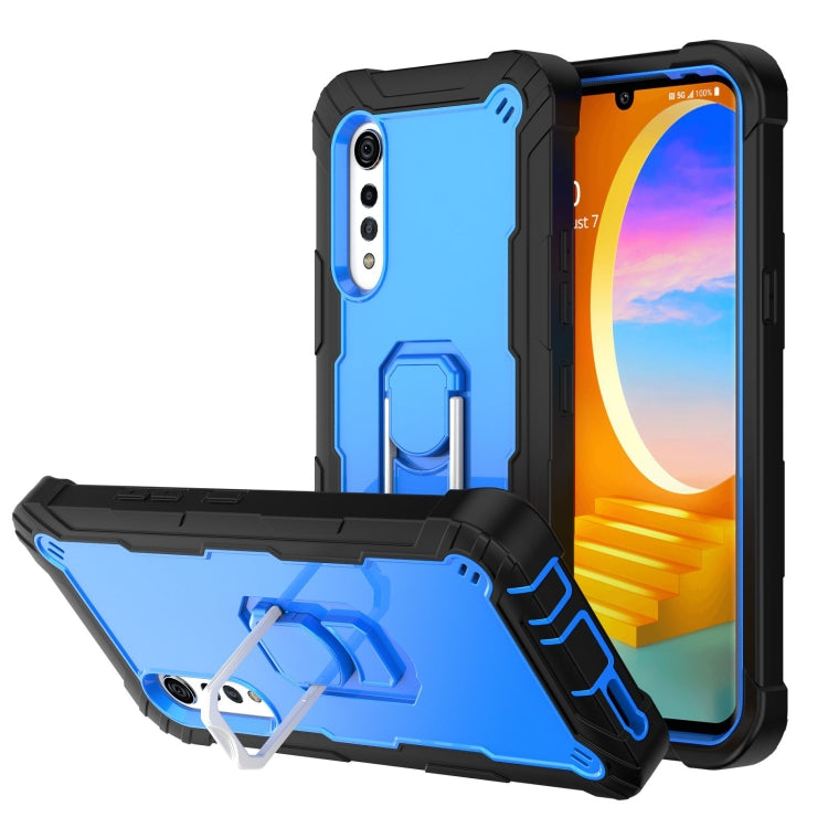 Shockproof phone case with rotating kickstand holder, blue and black with blue bumper