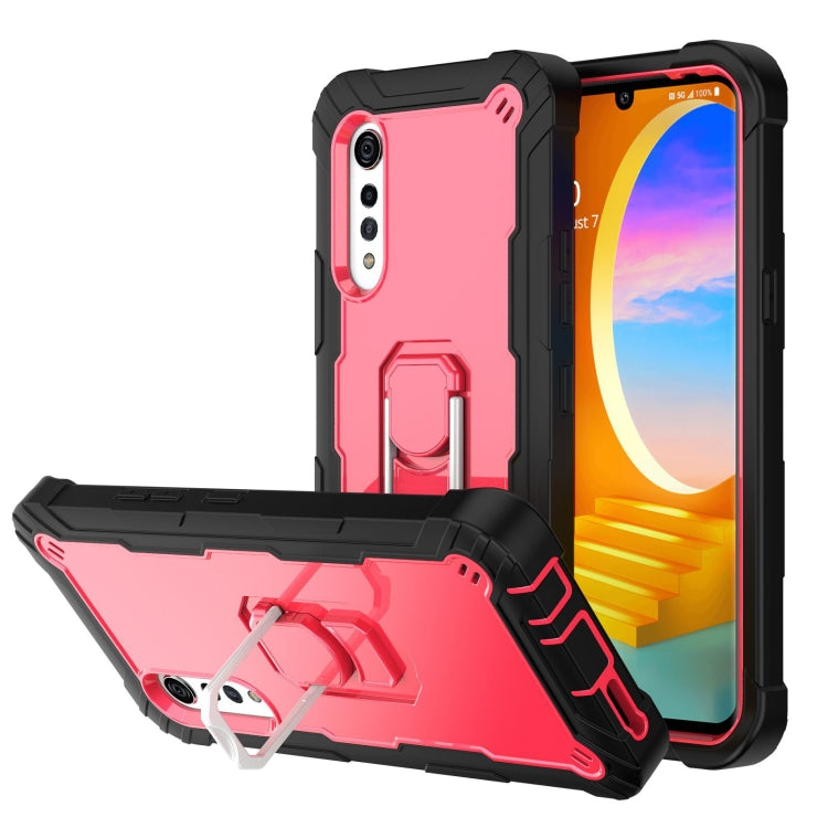 Shockproof phone case in red and black with rotating stand and camera openings