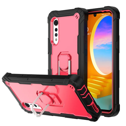 Shockproof phone case in red and black with rotating stand and camera openings