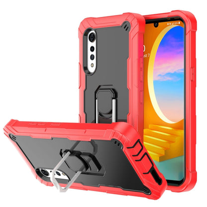 Shockproof phone case in red and black with kickstand and raised bumper edges