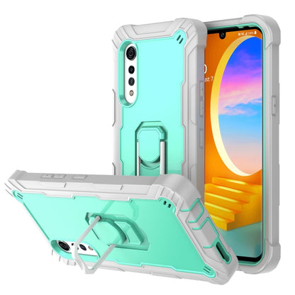 Shockproof phone case in mint green and white with rotating stand and camera cutouts