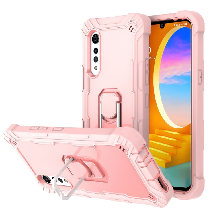 Shockproof phone case in pale pink and white with rotating stand and camera cutouts