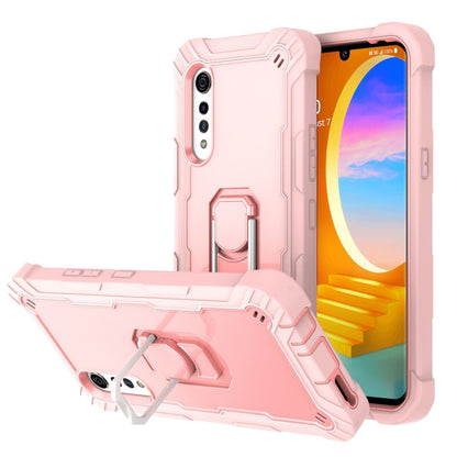 Shockproof phone case in pale pink and white with rotating stand and camera cutouts