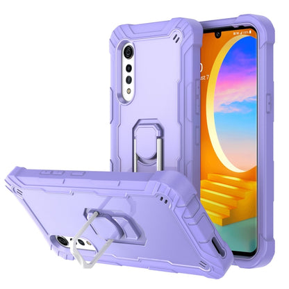 Shockproof phone case in purple and white with rotating stand and camera openings