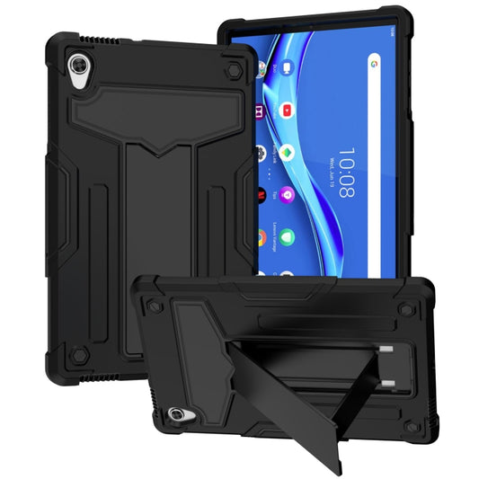 Shockproof tablet case with built-in kickstand, black rugged shell with dark panel
