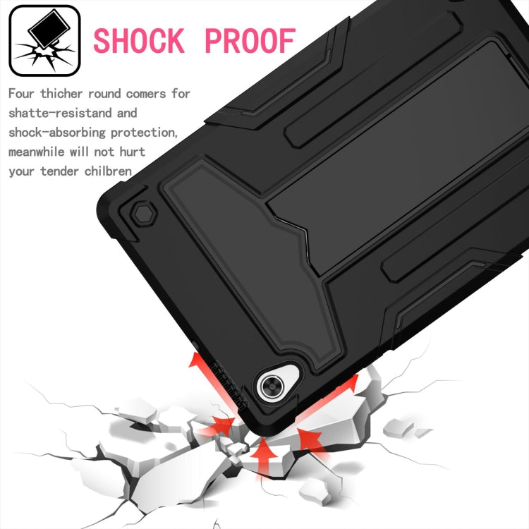 Shockproof tablet case, black rugged shell with reinforced corners and kickstand