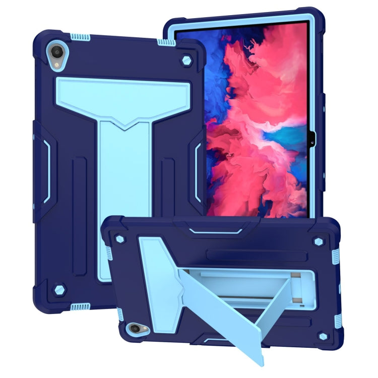 Shockproof tablet protective case, navy blue with light-blue accents and folding kickstand