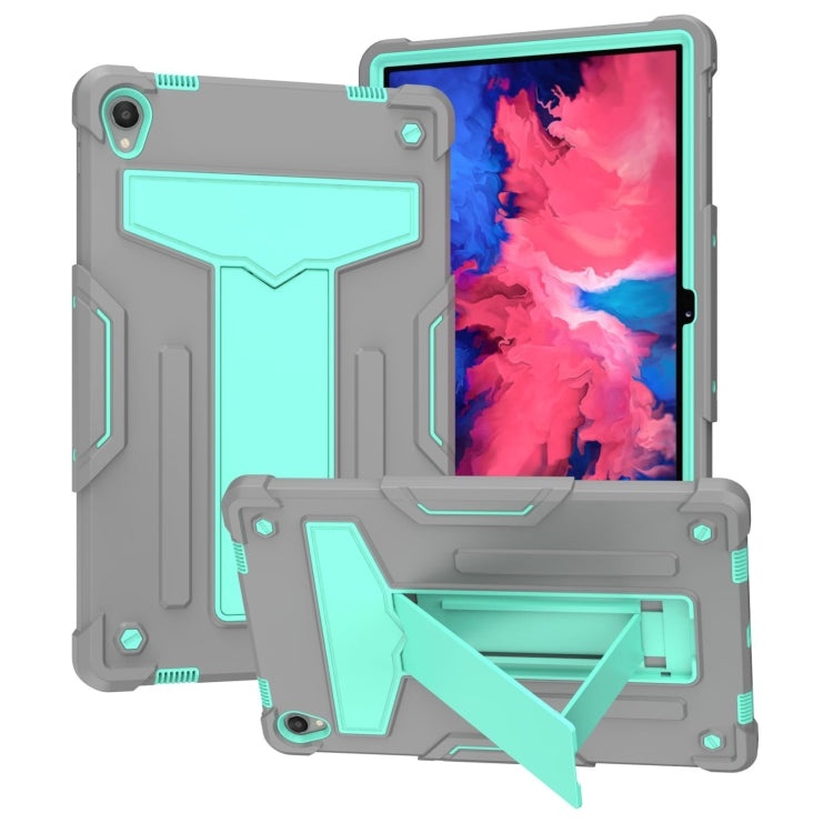Shockproof tablet protective case, gray with mint-green accents and folding kickstand