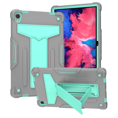 Shockproof tablet protective case, gray with mint-green accents and folding kickstand