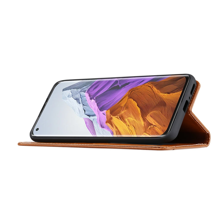 Brown flip leather phone case standing in landscape view
