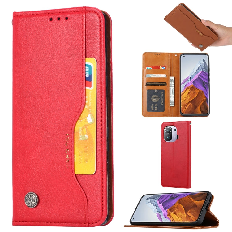 Red horizontal flip leather phone case with photo frame and card slots