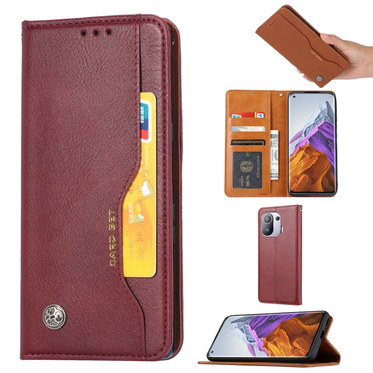 Wine red leather flip case with card slots and photo frame wallet holder
