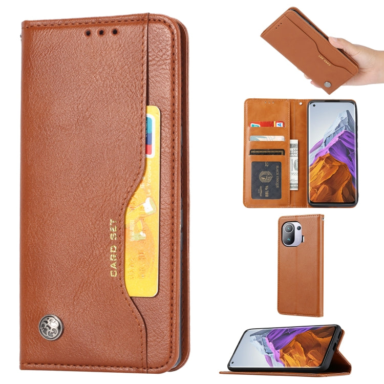 Brown leather flip case with card slots, photo frame, and flip-out stand