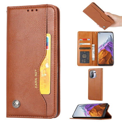 Brown leather flip case with card slots, photo frame, and flip-out stand