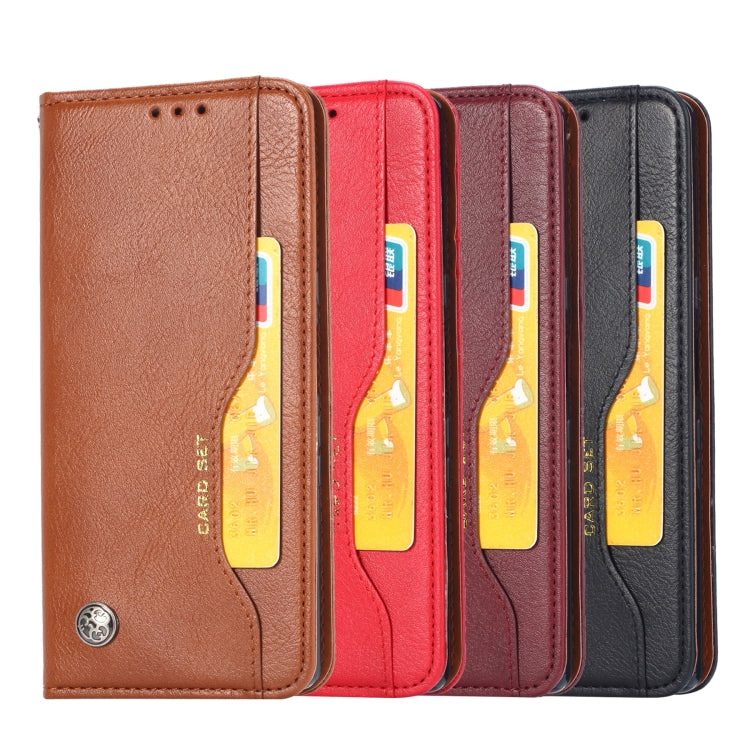 Set of leather flip cases in brown, red, wine red, and black with card slots