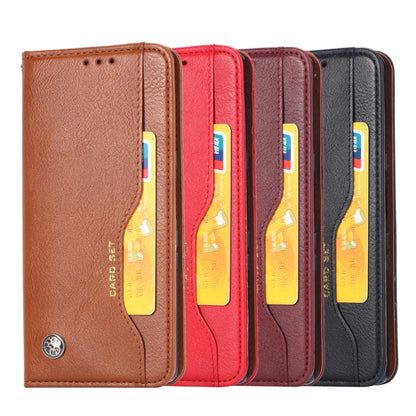 Set of leather flip cases in brown, red, wine red, and black with card slots