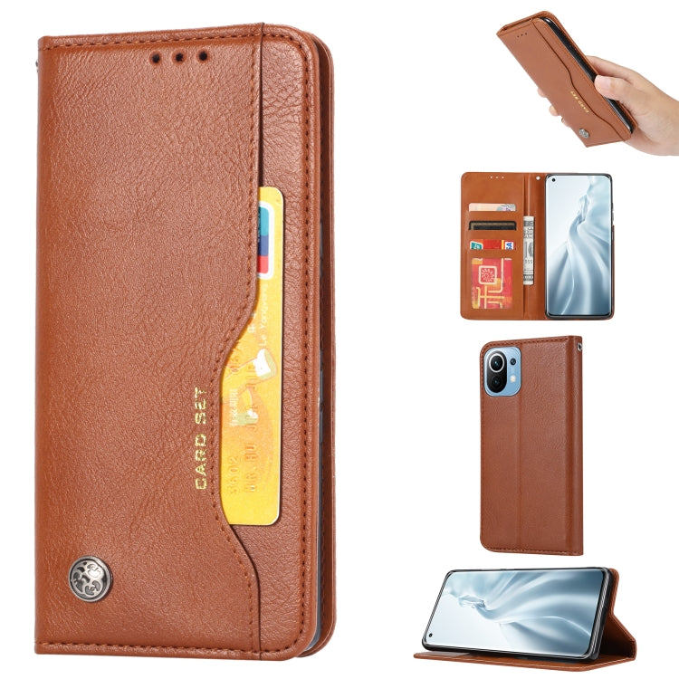 Brown leather wallet phone case with card slots and photo frame holder