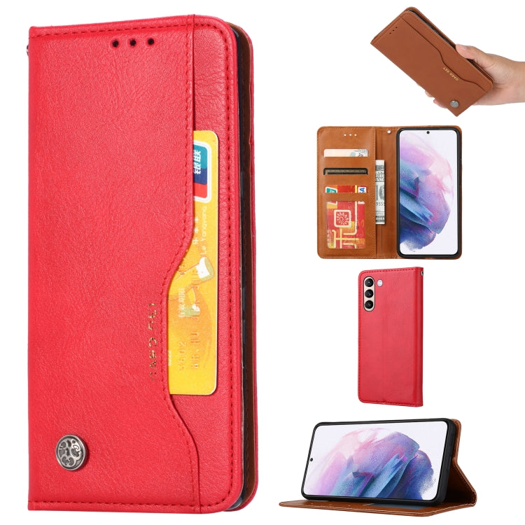 Red flip leather phone case with card slots and photo frame viewing window