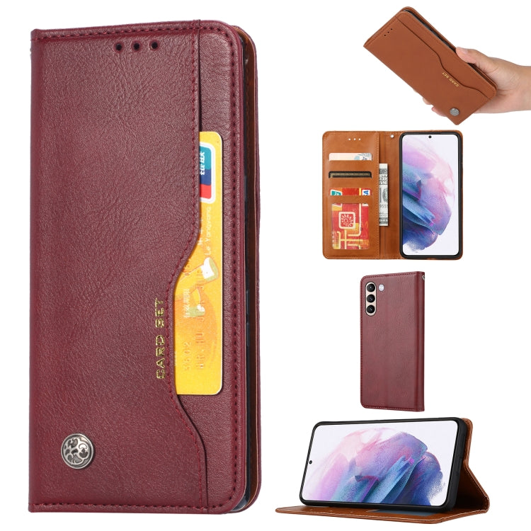 Burgundy leather wallet phone case with card slots and photo frame holder