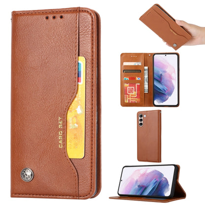 Brown leather flip case with vertical card pocket and photo frame window